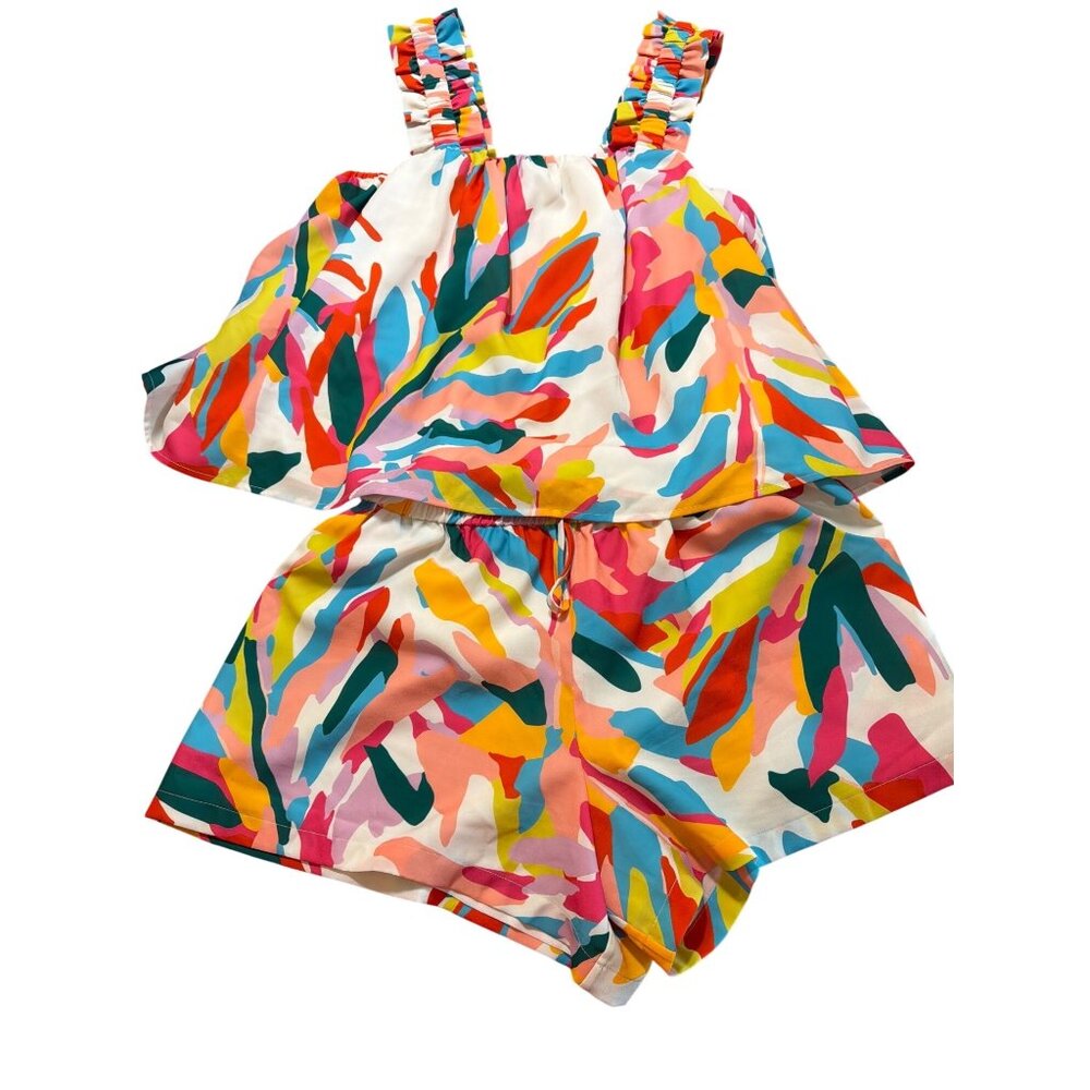 Crosby Mollie Burch Two Piece Shorts Set Ruffle Strap Elastic Waist Bright Sz L - Picture 1 of 5
